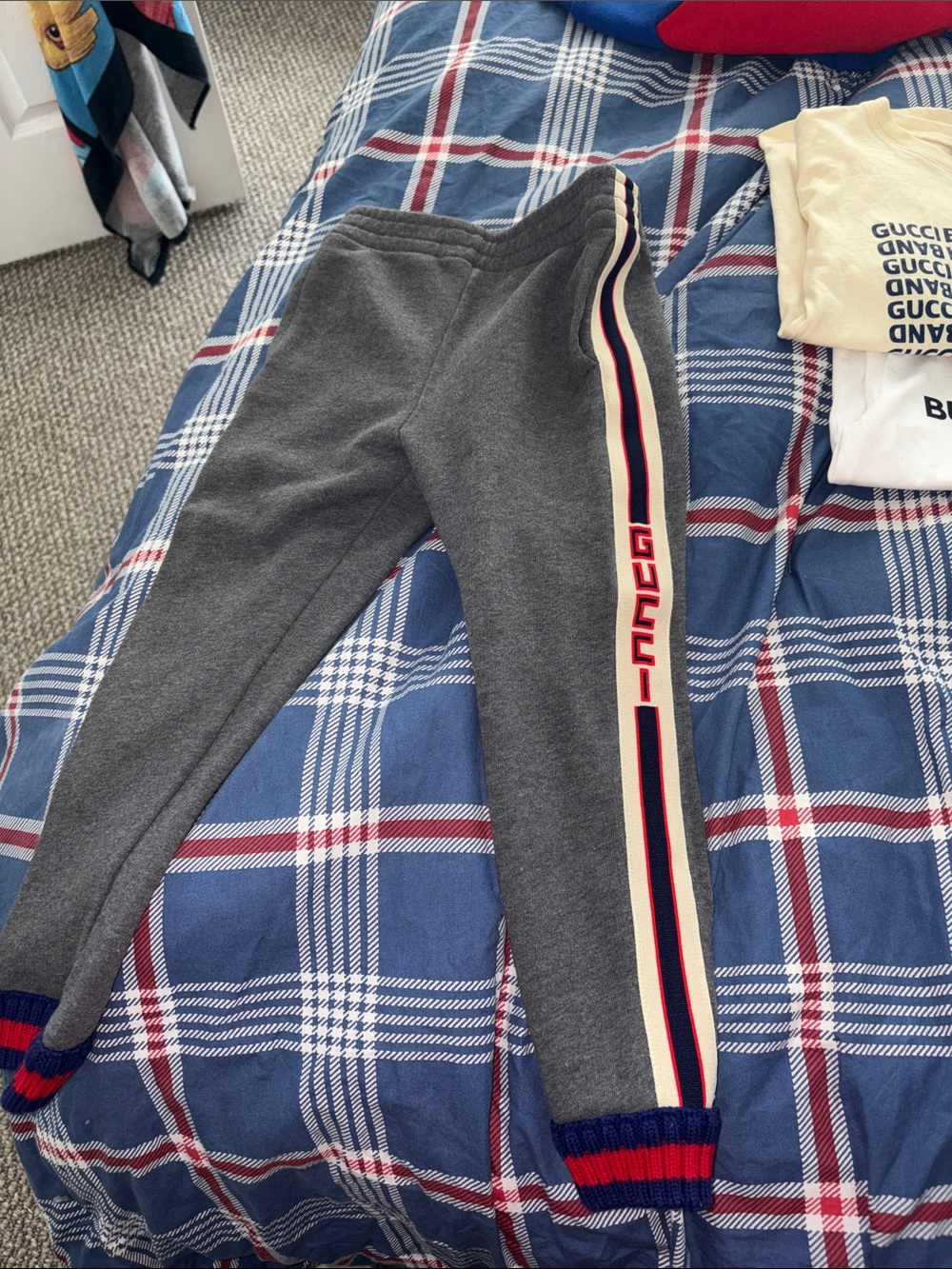 Gucci Gray Joggers with Cream Red and Blue Side Stripe